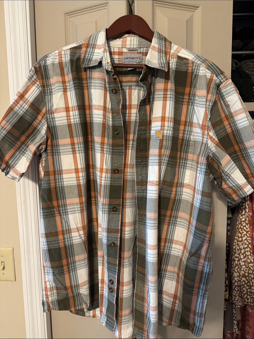 Carhartt Men’s Short-Sleeve Plaid Button-Up Shirt - Olive/White/Orange